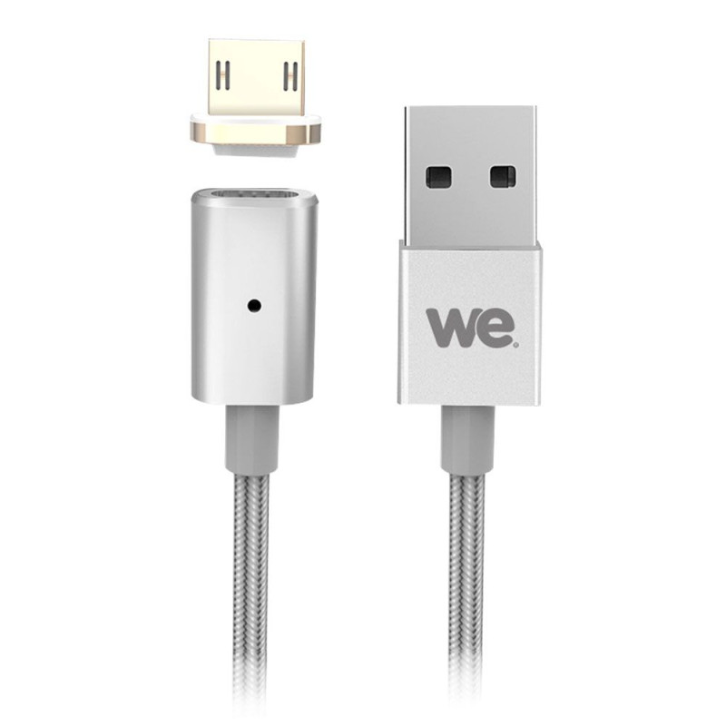 Câble USB micro USB magnétique argent nylon tressé 1m