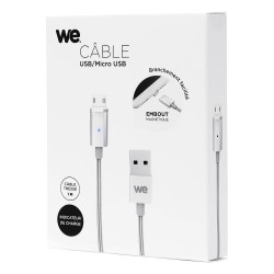 Câble USB micro USB magnétique argent nylon tressé 1m