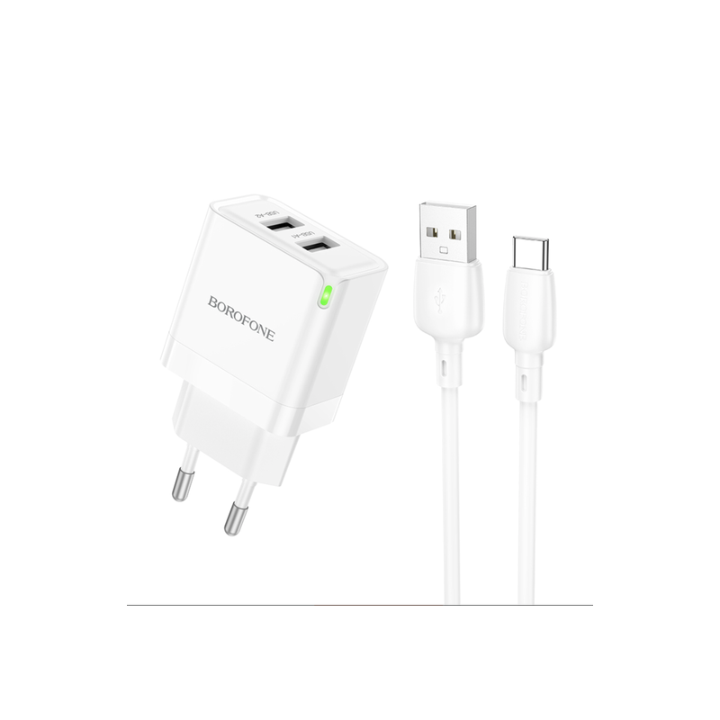 CHARGEUR 2 USB TYPE C 2 1A CABLE 1M BN15 BOROFONE BLANC