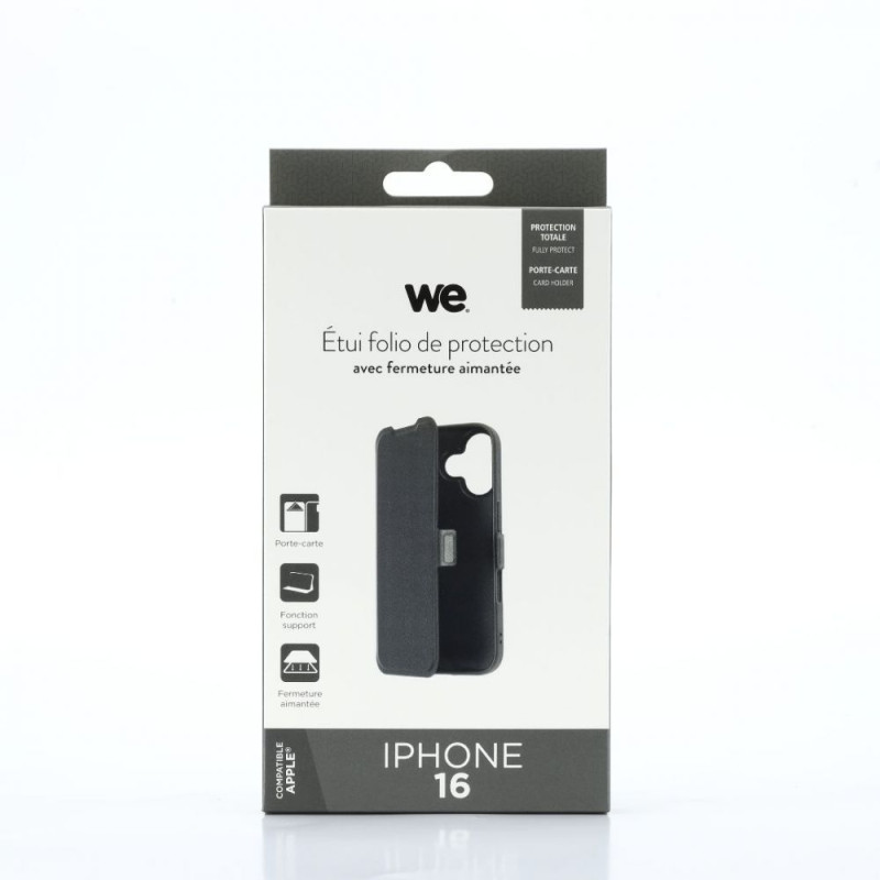 WE Etui folio AIMANTE APPLE IPHONE 16 Noir fermeture magnétiqu