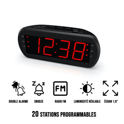 Radio réveil grand affichage FM Dual alarme Led Rouge 1 port 